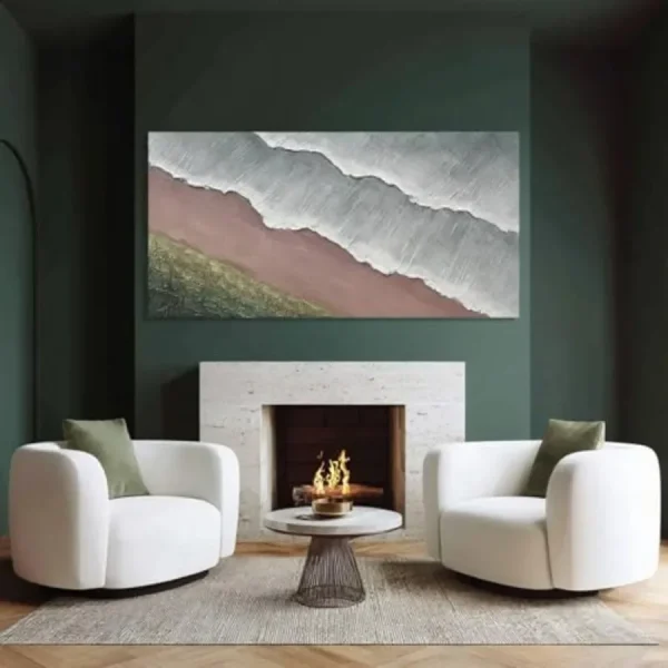 Green abstract art on white textured canvas, 24 x 48