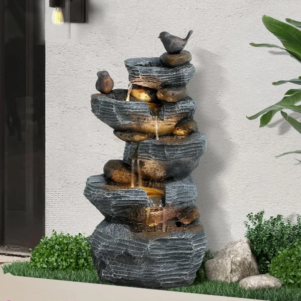5-Tiers Cascading Rock Water Fountain with LED Lights