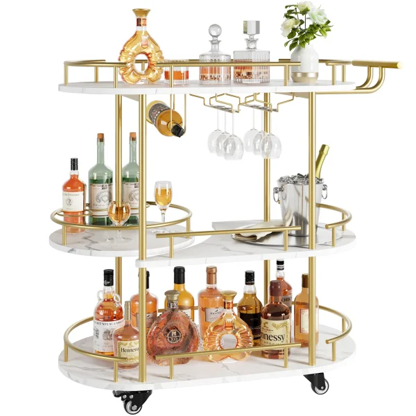 Gold Bar Carts with 4-Tiers Storage Shelves Mobile Bar